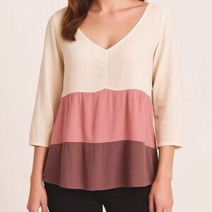 NEW!QUEEN Anna Neckline-Cream-Pink-Purple-Textured Baby doll Blouse-WM SZ Large